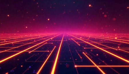 Abstract grid with glowing lines and particles perspective view