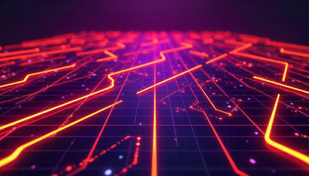 Abstract technological network with glowing orange lines over grid