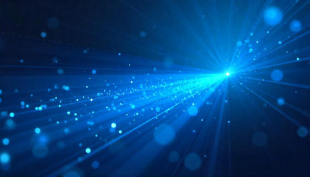 Abstract blue light beams radiating outward with bokeh elements