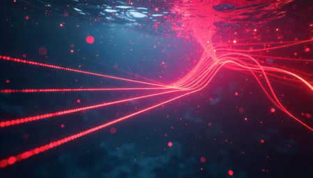 Abstract underwater scene with glowing red lines and particles