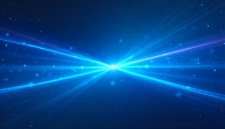 Blue luminous converging beams radiate from central pointの写真素材