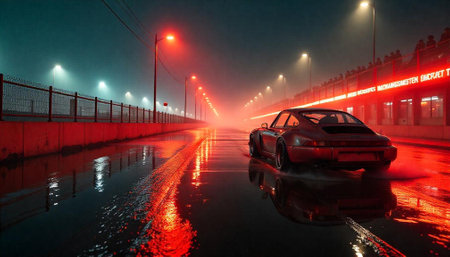 Retro sportscar on track with neon lights in the rain