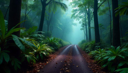 Foggy path through lush rainforest with tropical foliageの写真素材