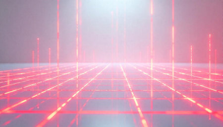 Abstract grid with light trails radiating from surface