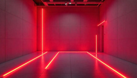 Geometric red neon lines illuminating interior minimal room spaceの写真素材