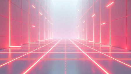 Neon grid hallway receding into fog, futuristic illustrationの写真素材