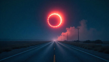 Eerie highway under a glowing eclipse at twilightの写真素材