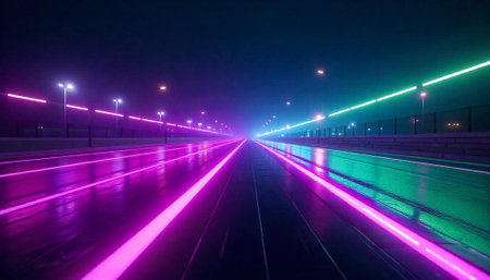 Neon lit highway at night disappearing into the distanceの写真素材