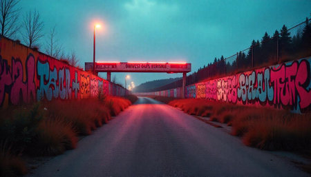 Road with Graffiti Walls at Dusk or Dawn Landscapeの写真素材