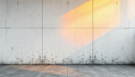 Sunlit concrete wall and floor, industrial backdrop for designの写真素材