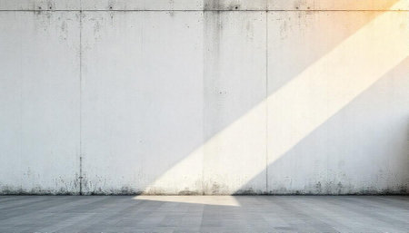 Sunlit concrete wall with gray floor, industrial interior spaceの写真素材