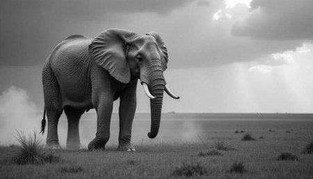 Monochrome elephant portrait on open savanna under stormy skyの写真素材
