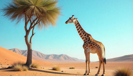 Giraffe standing tall in arid desert landscape near treeの写真素材