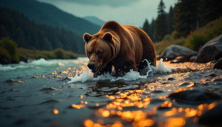 Brown Bear wading through river with mountain backdropの写真素材