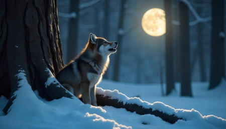 Wolf howling at moon in snowy forest landscape