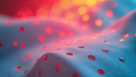Abstract fabric with red polka dots and bokeh lights