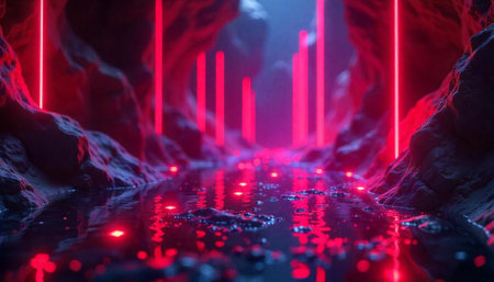 Neon lighted cave with water stream futuristic landscape
