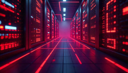 Futuristic server room with glowing red lights and dataの写真素材