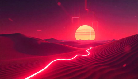 Surreal red desert landscape with glowing sun and lines