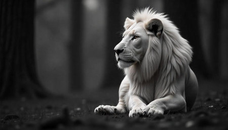 White Lion resting in dark forest setting portraitの写真素材
