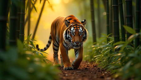 Majestic tiger strides through bamboo forest with sunlight backdropの写真素材