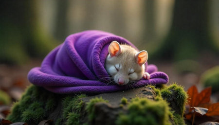Sleeping mouse wrapped in a purple blanket on mossの写真素材