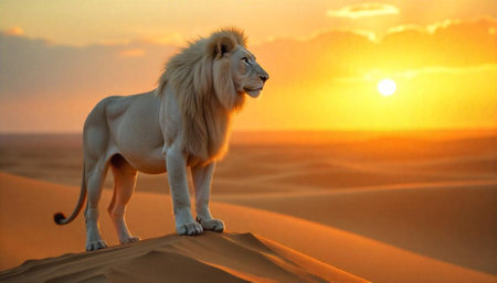 Majestic lion standing on sand dune at sunsetの写真素材