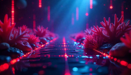 Abstract underwater scene featuring coral with glowing red lightの写真素材