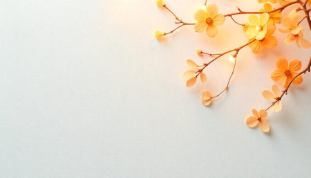 Elegant floral branch with soft lighting on white backdropの写真素材