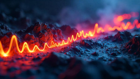 Abstract landscape with a glowing red line across mountainsの写真素材