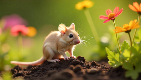 Mouse in a field of wildflowers looks alertの写真素材
