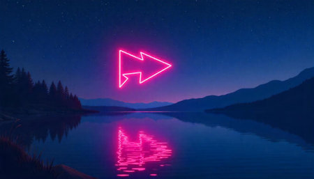 Neon Arrow Over Lake Reflection Under Starry Nightの写真素材