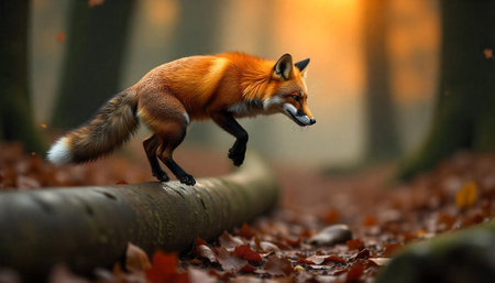 Fox jumps over log in autumn forest scenery