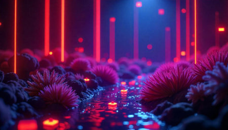 Surreal Underwater Landscape with Glowing Flora and Neon Pillarsの写真素材