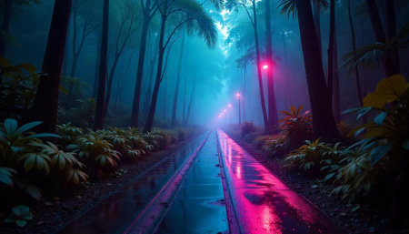 Misty path with vibrant lights illuminating a tropical forestの写真素材