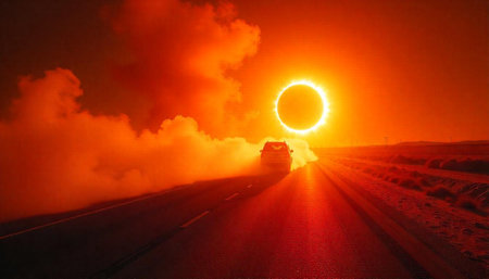 Car driving towards solar eclipse on highway at sunsetの写真素材