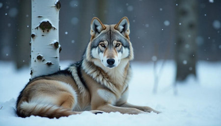 Wolf in a Snowy Forest Next to Birch Treeの写真素材