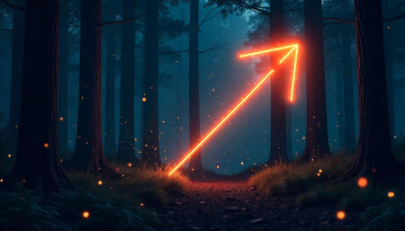 Neon arrow in a forest path pointing upwards directionの写真素材