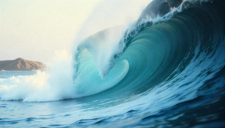 Ocean wave curling with bright sunlight during golden hourの写真素材