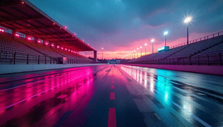 Racing track reflecting neon lights at dusk long shotの写真素材