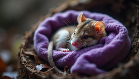 Cute harvest mouse nestled warmly inside woven basket nest