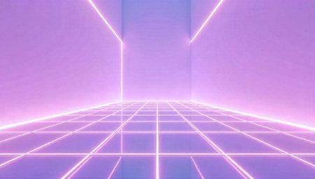 Neon Grid in a Purple Room Perspective Viewの写真素材
