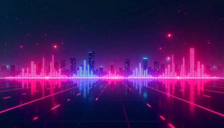 Vaporwave cityscape with neon grid and reflected skyline