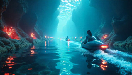 Underwater canyon jet ski ride with neon lights and figuresの写真素材