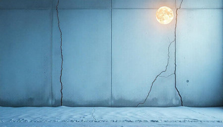 Cracked blue wall with moon in winter sceneryの写真素材