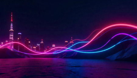 Futuristic city skyline with neon light waves overlayの写真素材
