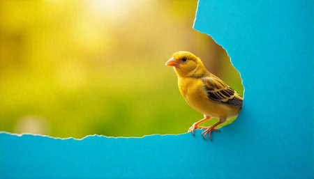 Vibrant yellow bird perched on blue paper edge natureの写真素材