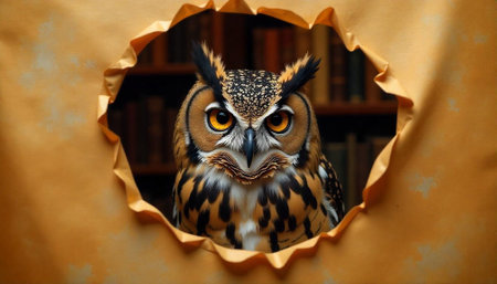 Owl peering through a torn paper hole towards viewerの写真素材