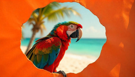 Scarlet macaw framed by an orange element with beach backdrop