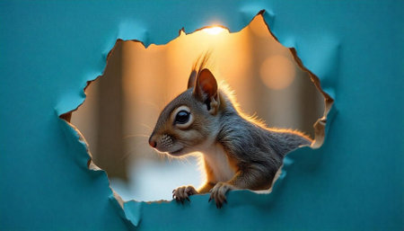 Squirrel peeking through a torn teal paper background